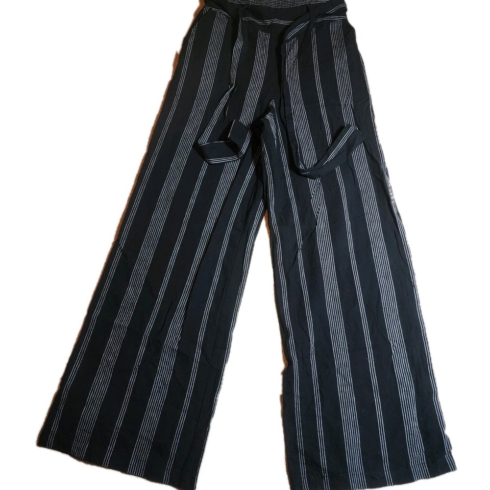 A New Day Linen Blend Wide Leg Pants Black White Stripe Pull-On Women's XS - Picture 1 of 15